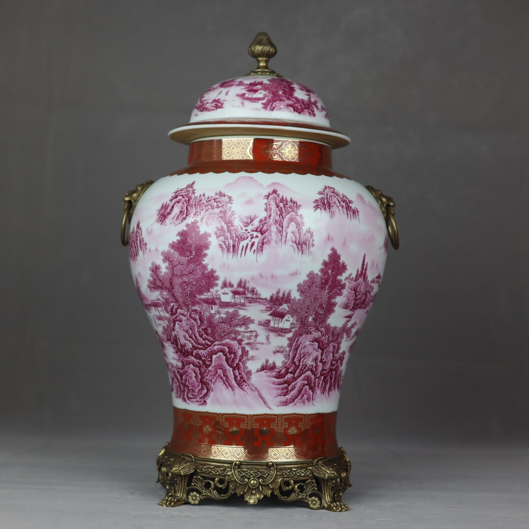An Exquisite Ruby Red-Glazed Inlaid Bronze Landscape Pattern with poem Double-Ears Jar: An Exquisite Ruby Red-Glazed Inlaid Bronze Landscape Pattern with poem Double-Ears Jar Qing Dynasty, China Qianlong Four-character Mark Size:20.5inx11in洋彩胭脂红江