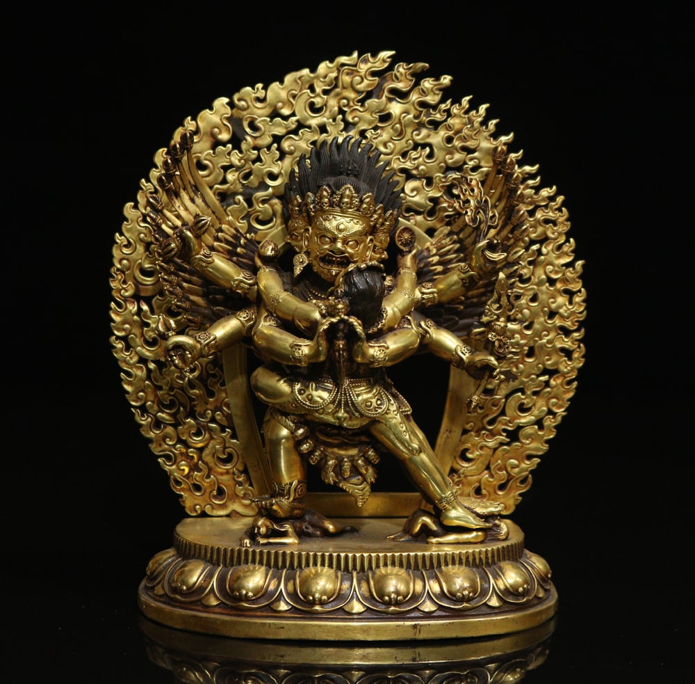 An Exquisite Gilt Bronze Statue of Vajra Ornament: An Exquisite Gilt Bronze Statue of Vajra Ornament Ming Dynasty, China Yongle Six-character Mark Size:6.1inx5.3in Weight:1351g铜鎏金普巴金刚摆件 &#