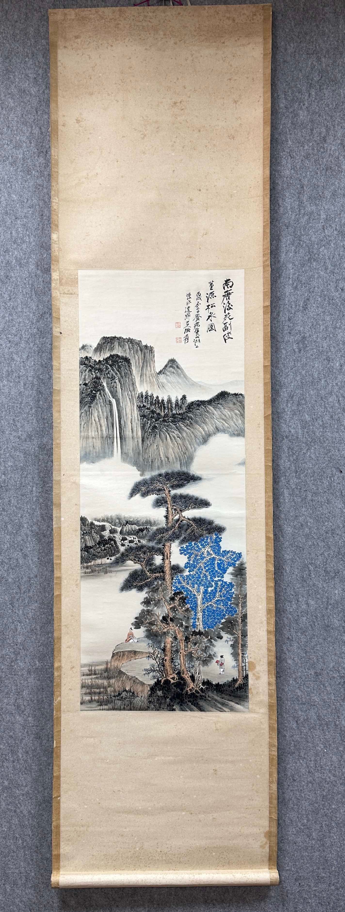A Chinese Vertical Scroll Ink Painting of Landscape and Figure on Paper: A Chinese Vertical Scroll Ink Painting of Landscape and Figure on Paper Zhang daqian Without frame Size:14.6inx37.8in张大千山水人物 纸本立&#