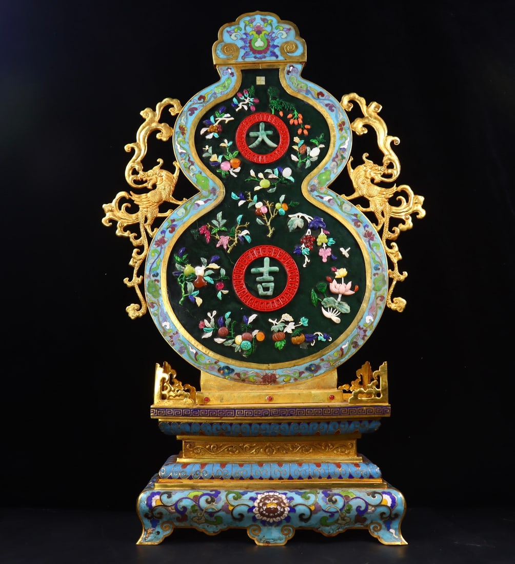 A Pair of Exquisite Cloisonne Inlaid Gems Flower and Fruit Pattern Lotus Pattern with poem - 2