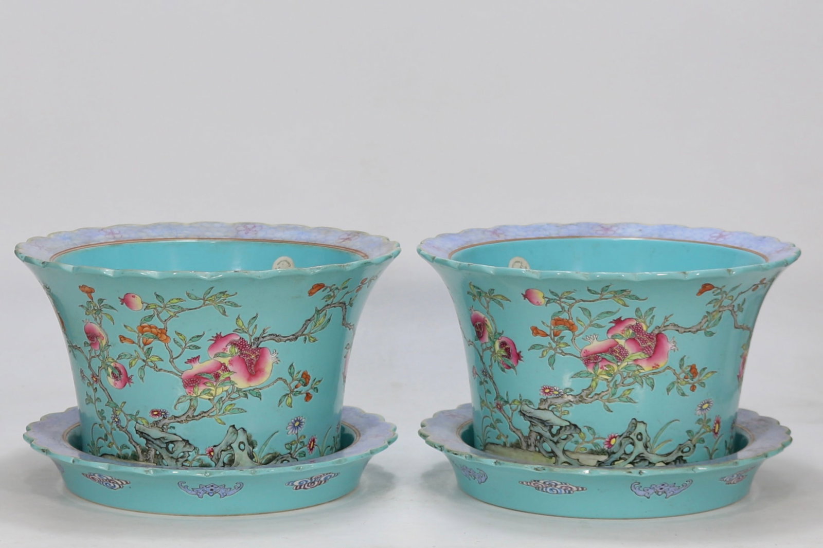 A Pair of Exquisite Famille-Rose Green Glazed Flower and Fruit Pattern with poem Basin: A Pair of Exquisite Famille-Rose Green Glazed Flower and Fruit Pattern with poem Basin Qing Dynasty, China Size:7inx10.8in松石绿釉地石榴纹花௠