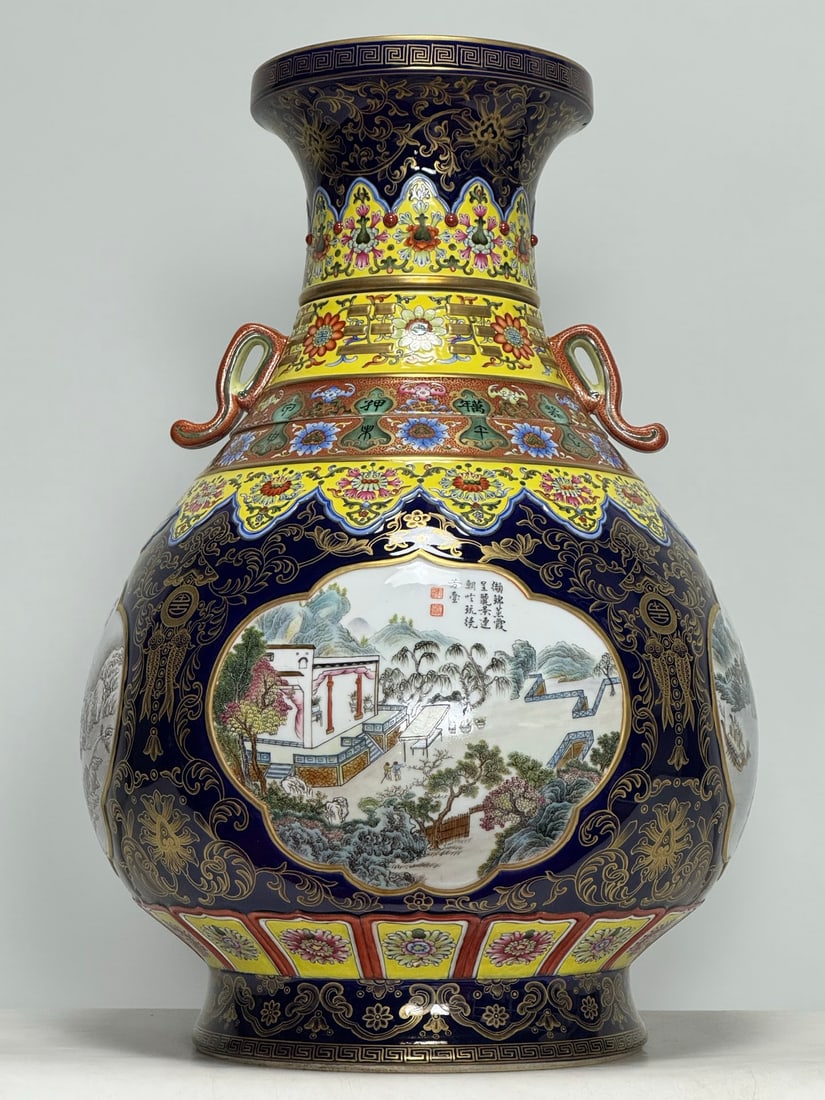 A Huge Enamel Ji Blue Glazed Painted Gold Landscape Pattern Double-Ears Vase,with poem (1 of 8)
