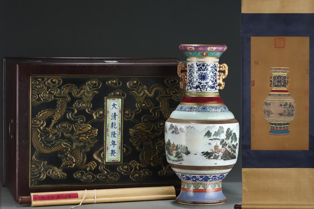 A Huge Enamel Landscape Pattern Double-Ears Vase,with poem,with Chinese Vertical Scroll Ink Painting: A Huge Enamel Landscape Pattern Double-Ears Vase,with poem,with Chinese Vertical Scroll Ink Painting on Silk,Qing Dynasty,China,Qianlong Six-character Mark,Size:(Without frame)33.9inx17.3in,(Porcelain