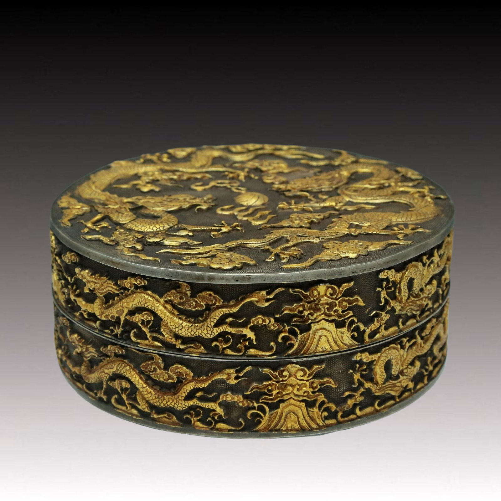 A Marvelous Gilt-Bronze Silver 'Dragon& Auspicious Cloud' Box (1 of 7)
