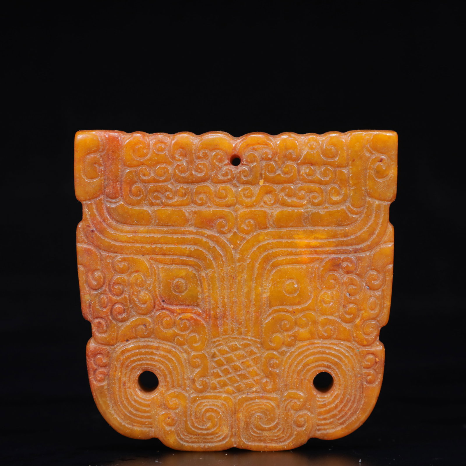 A Rare Gaogu yu Beast-Face Pattern Pendant: A Rare Gaogu yu Beast-Face Pattern Pendant,Ancient Time,China,Size:3.1inx0.4inx3.1in,Weight:144g 高古玉兽面纹挂件,中国远古ਲ