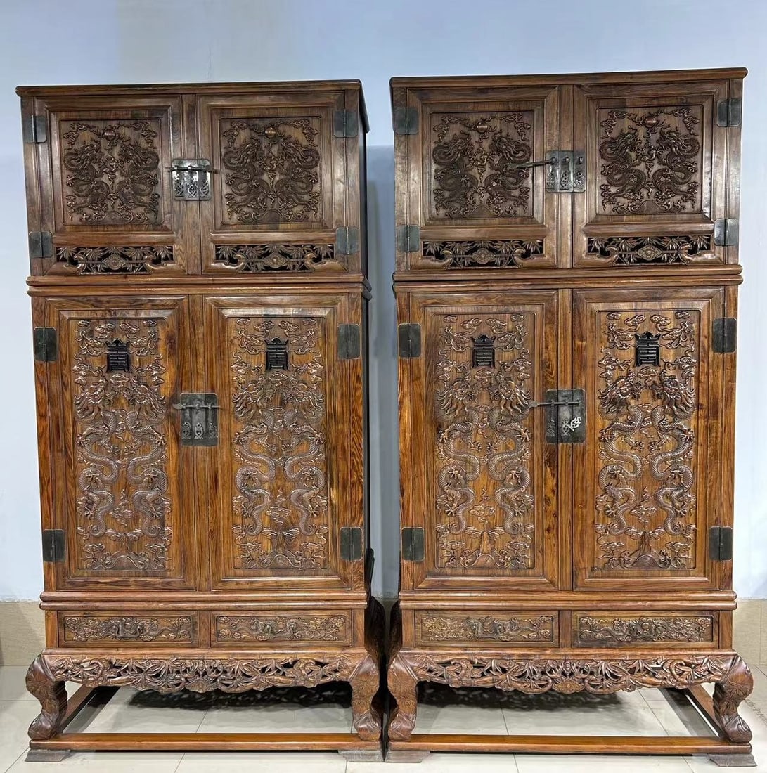 A Pair of Huge Huanghuali wood Shou-Character Auspicious Cloud and Dragon Pattern Cabinets (1 of 10)