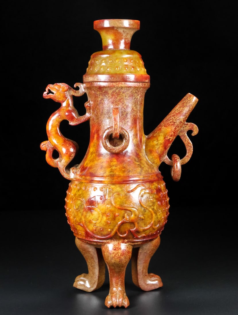An Exquisite Archaic Jade Auspicious Beast Pattern Dragon-Ears Tripod Censer: An Exquisite Archaic Jade Auspicious Beast Pattern Dragon-Ears Tripod Censer,Ancient Time,China,Size:5.4inx3.9inx10.2in,Weight:936g 高古玉瑞兽纹龙耳