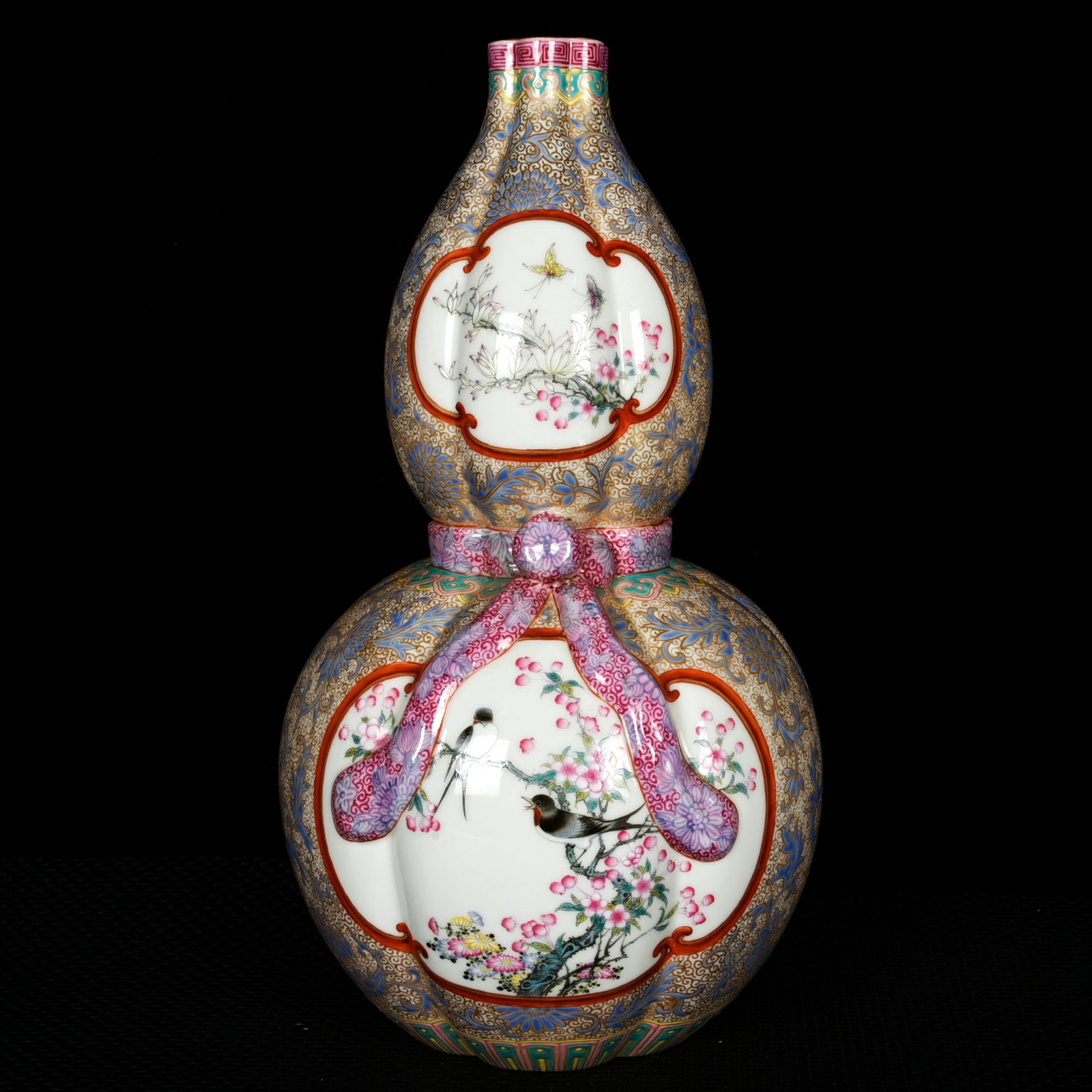 A Rare Enamel Painted Gold Flower and Bird Pattern Gourd-Shaped Vase: A Rare Enamel Painted Gold Flower and Bird Pattern Gourd-Shaped Vase,Qing Dynasty,China,Qianlong Four-character Mark,Size:15inx8.3in 珐琅彩描金花鸟纹