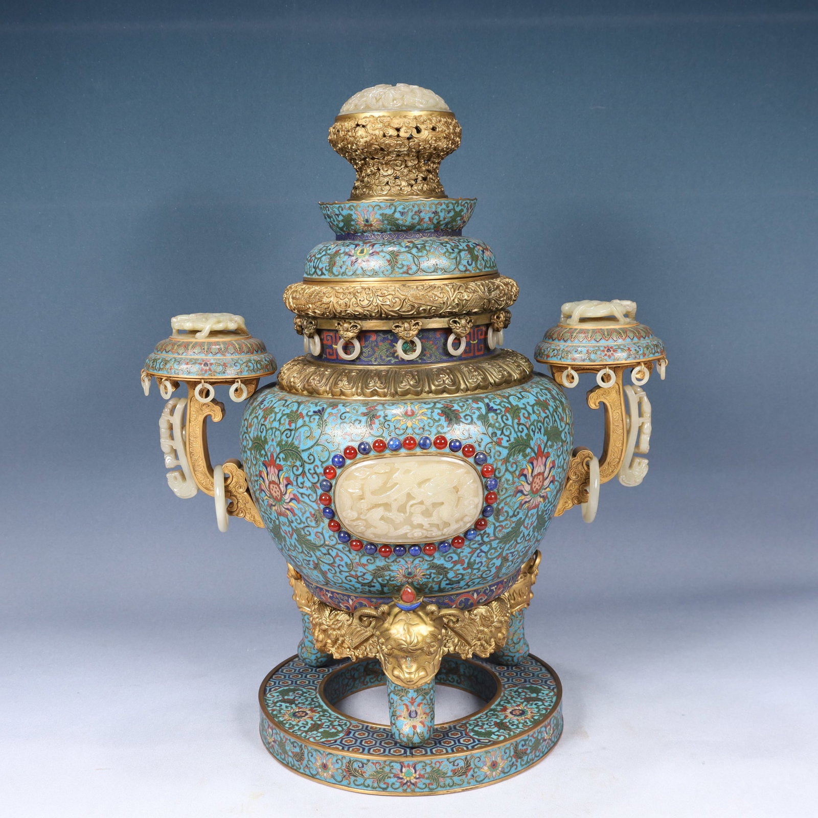 A Huge Cloisonne Inlaid White Jade Lotus,Auspicious Cloud and Dragon Pattern Double-Ears and Tripod (1 of 14)