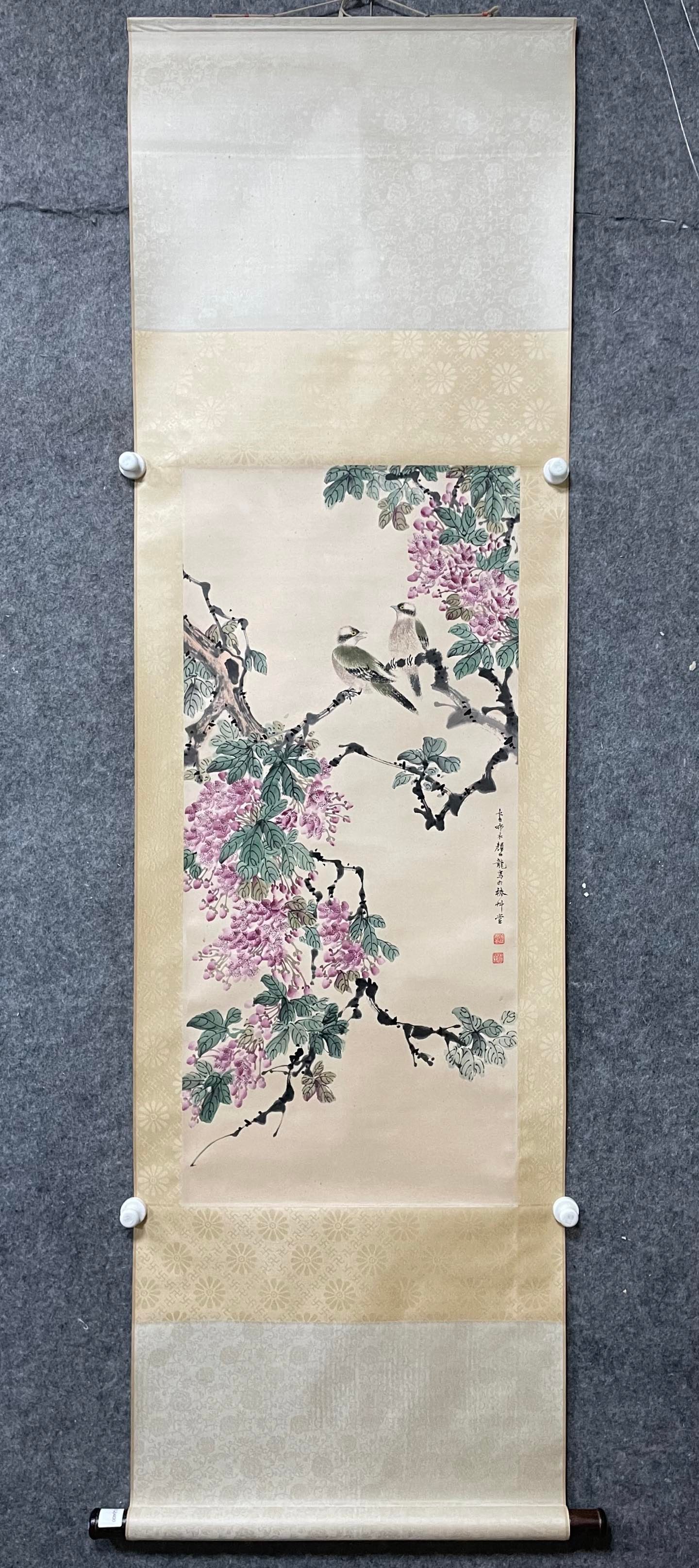 A Chinese Vertical Scroll Ink Painting of Flower and Bird on Paper: A Chinese Vertical Scroll Ink Painting of Flower and Bird on Paper,Yan Bailong,Size:17.3inx38in 一幅中国水墨花鸟画立轴,颜伯