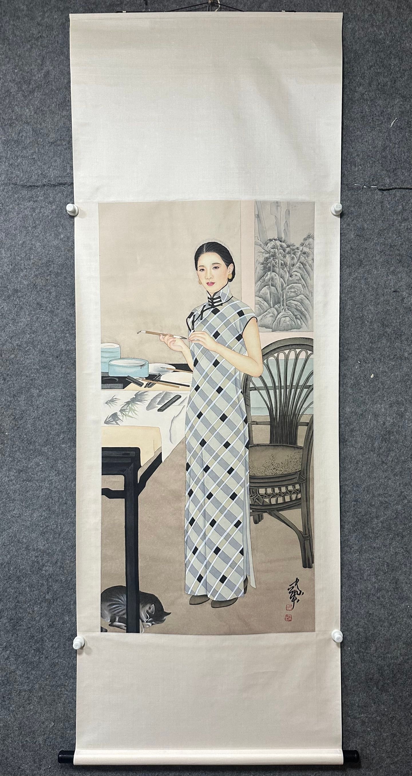 A Chinese Vertical Scroll Ink Painting of Figure on Paper: A Chinese Vertical Scroll Ink Painting of Figure on Paper,He Jiaying,Size:25.4inx50.6in 一幅中国水墨人物画立轴,何家英