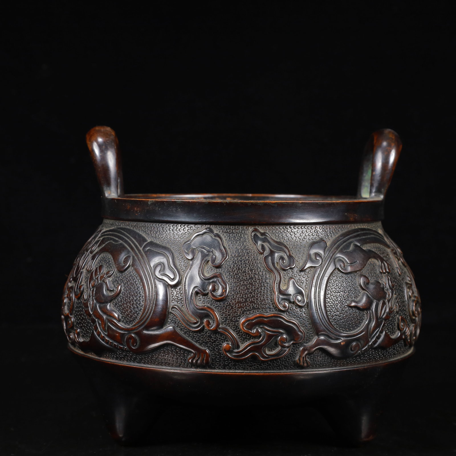 A Rare Bronze Auspicious Cloud and Dragon Pattern Double-Ears and Tripod Censer (1 of 11)