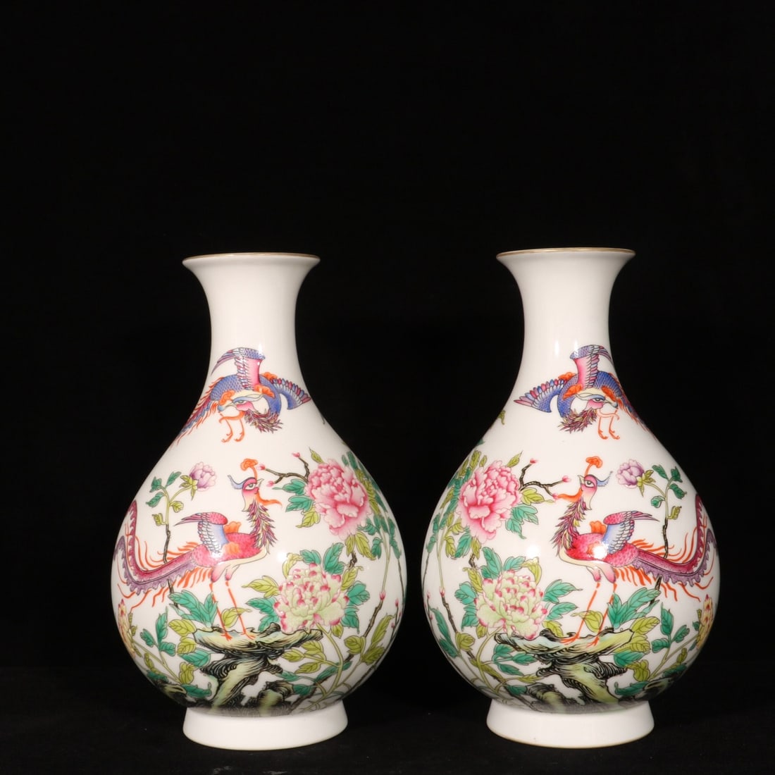 A Pair of Exquisite Enamel Flower and Phoenix Pattern Vases,with poem: A Pair of Exquisite Enamel Flower and Phoenix Pattern Vases,with poem,Qing Dynasty,China,Yongzheng Four-character Mark,Size:9.4inx5.1in 一对珐琅彩花卉凤