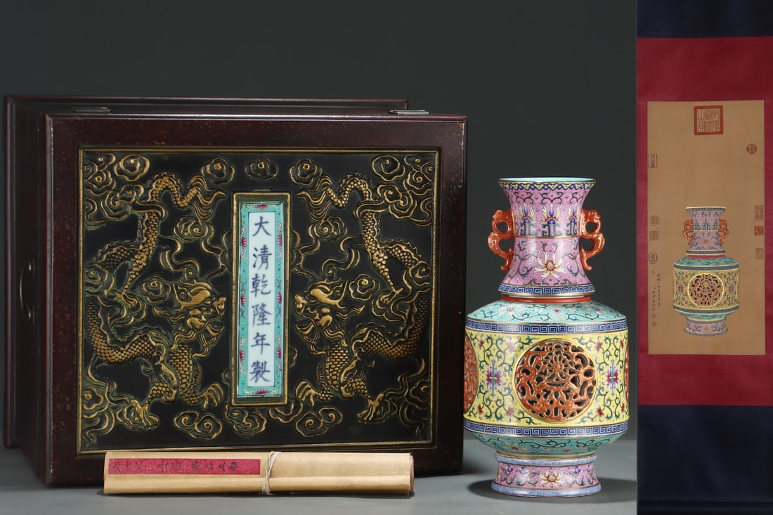 A Huge Enamel Painted Gold Lotus Pattern Double-Ears Vase,with Chinese Vertical Scroll Ink Painting: A Huge Enamel Painted Gold Lotus Pattern Double-Ears Vase,with Chinese Vertical Scroll Ink Painting on Silk,Qing Dynasty,China,Qianlong Six-character Mark,Size:(Without frame)27.2inx12.6in,(Porcelain)