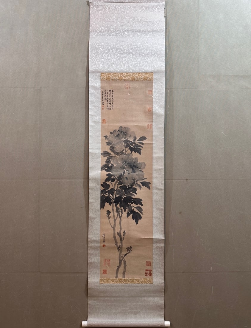 A Chinese Vertical Scroll Ink Painting of Flower on Paper: A Chinese Vertical Scroll Ink Painting of Flower on Paper,Tang Yin,Size:11.4inx42.9in 一幅中国水墨花卉画立轴,唐寅
