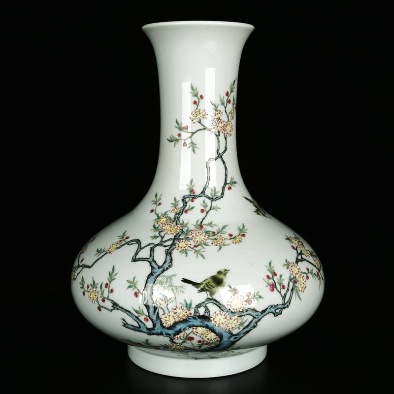 An Exquisite Enamel Flower and Bird Pattern Vase,with poem: An Exquisite Enamel Flower and Bird Pattern Vase,with poem,Qing Dynasty,China,Yongzheng Six-character Mark,Size:11inx8.7in 珐琅彩花鸟纹瓶,带诗