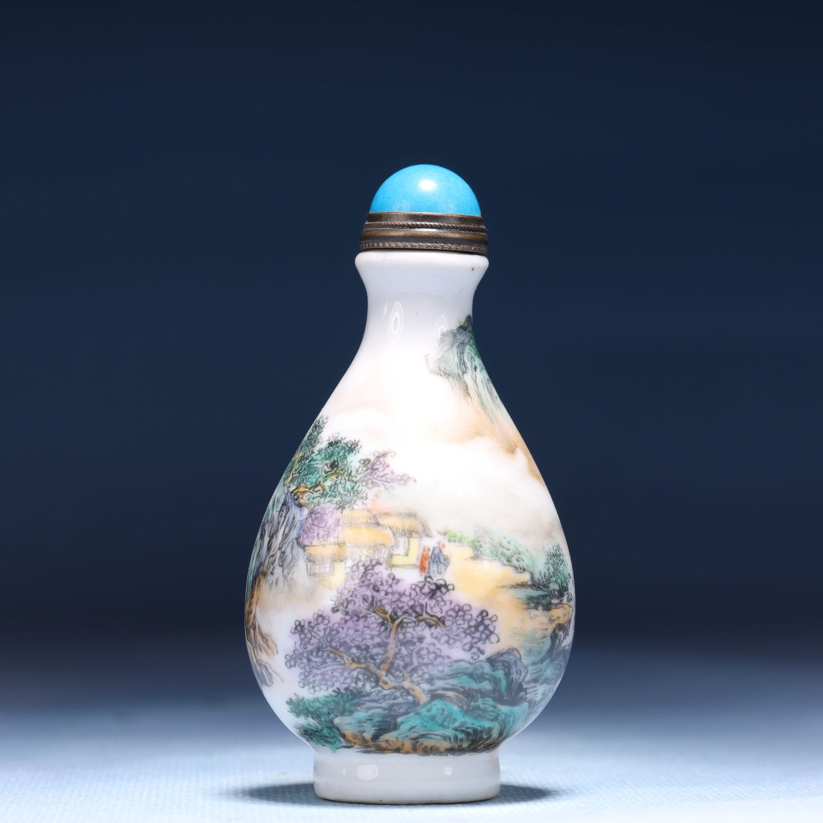 An Exquisite Enamel Landscape Pattern Snuff Bottle,with poem: An Exquisite Enamel Landscape Pattern Snuff Bottle,with poem,Qing Dynasty,China,Qianlong Four-character Mark,Size:1.6inx3.1in,Weight:54g 珐琅彩山水纹鼻烟