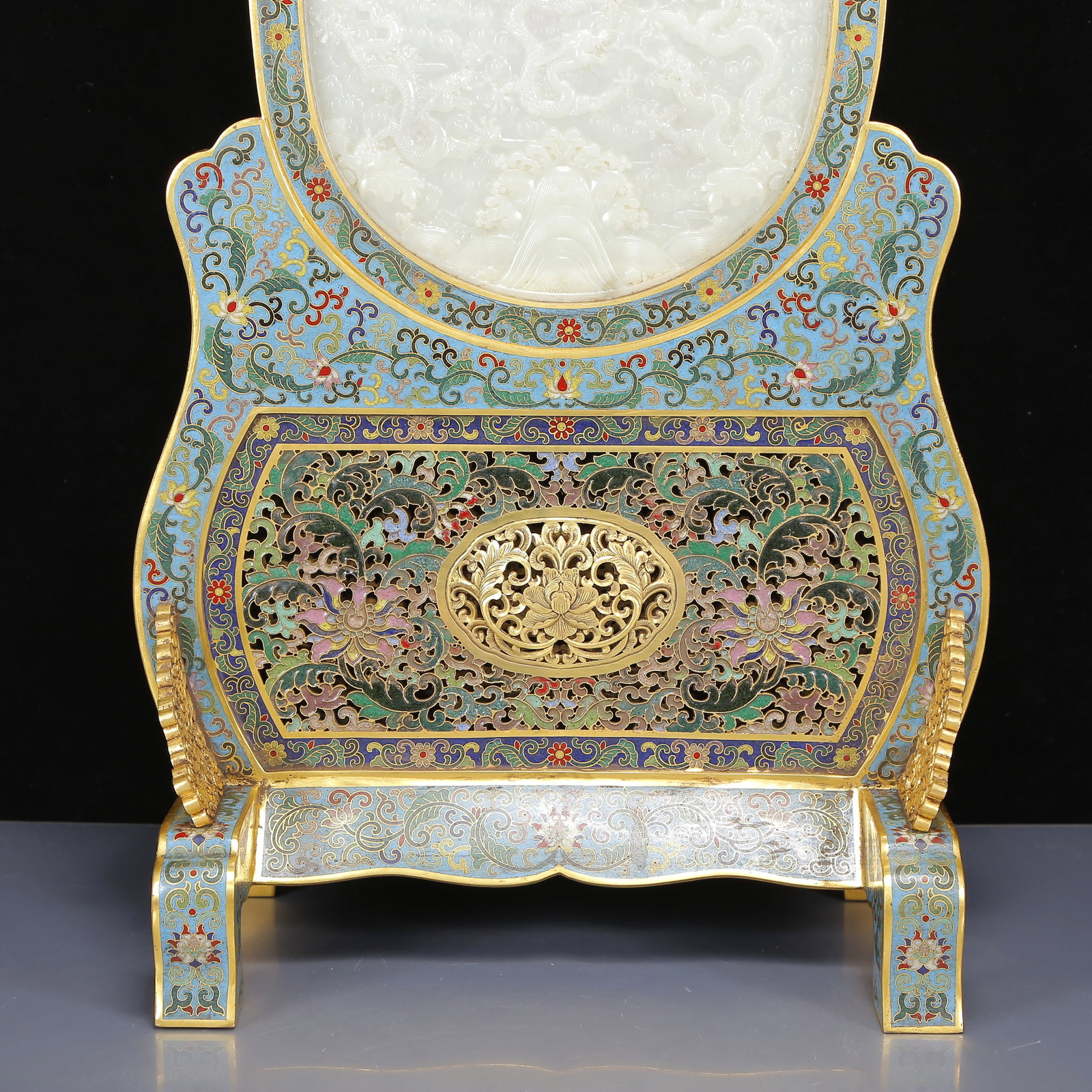 A Huge Cloisonne Inlaid White Jade Dragon Pattern Table Screen - 3