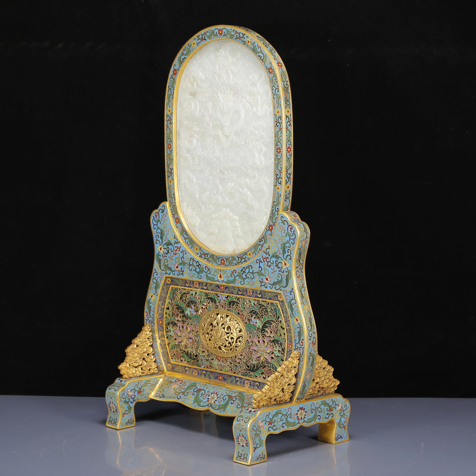 A Huge Cloisonne Inlaid White Jade Dragon Pattern Table Screen - 4