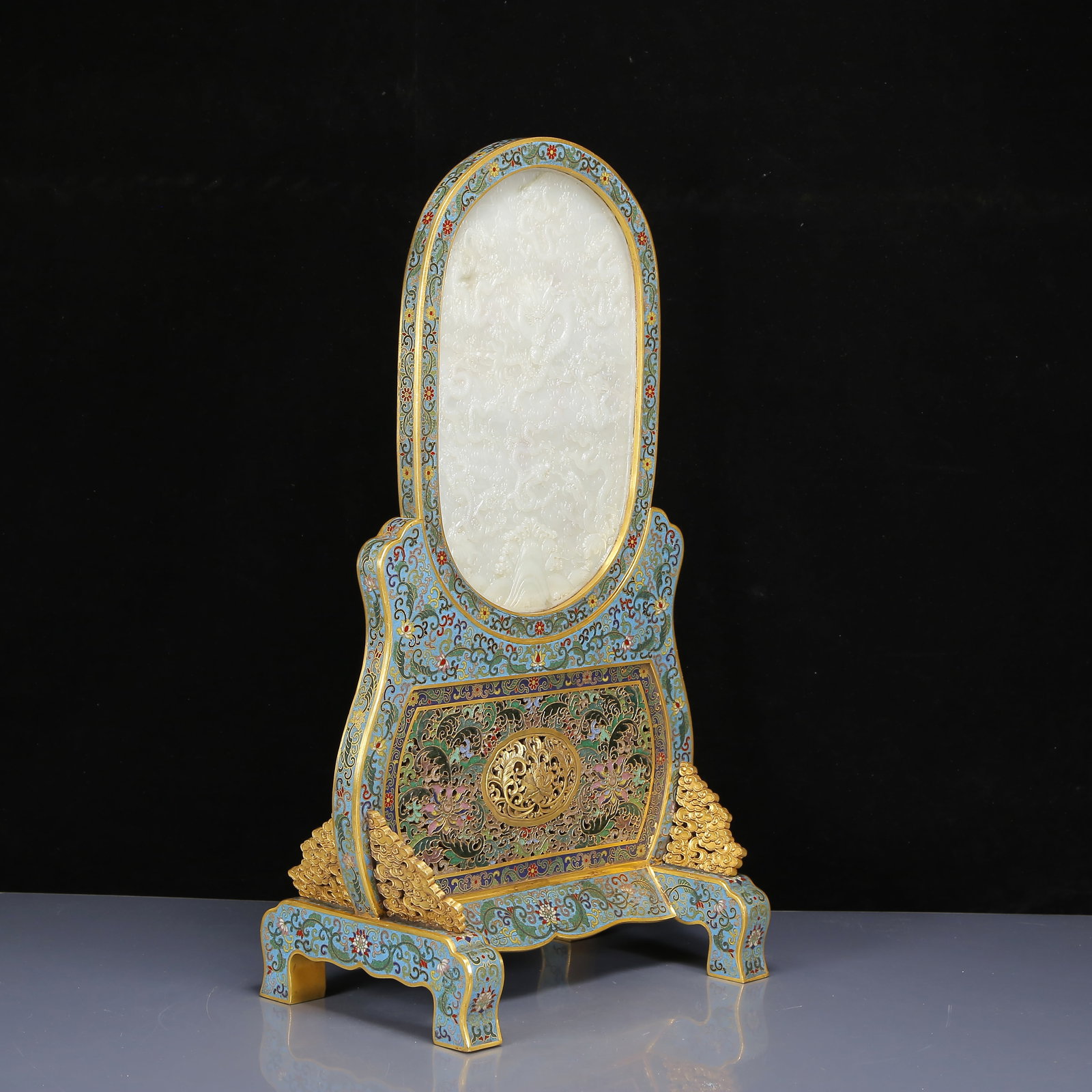 A Huge Cloisonne Inlaid White Jade Dragon Pattern Table Screen - 5