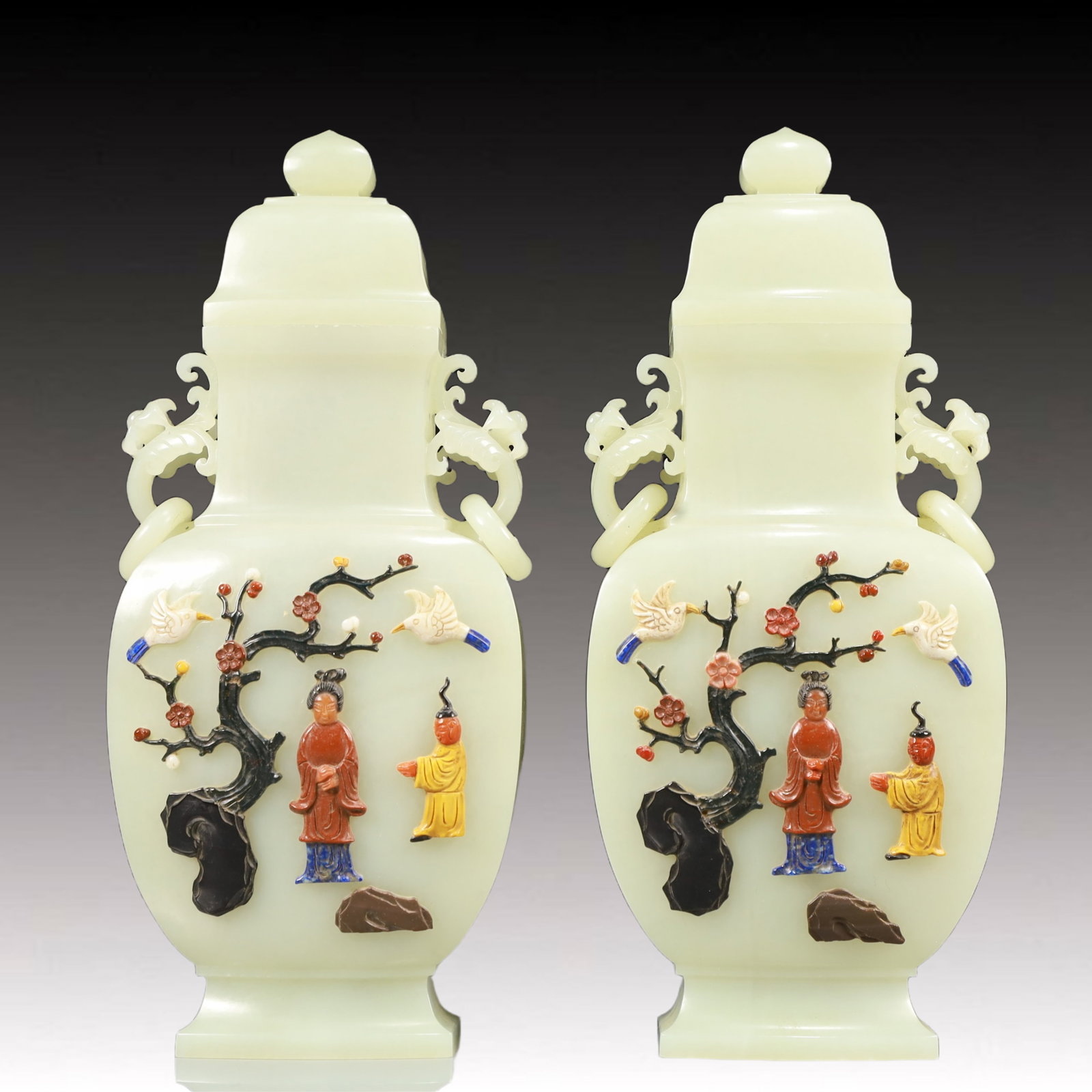 A Pair of Exquisite White Jade Inlaid Gems Figure Pattern Double-Ears Bottles (1 of 4)