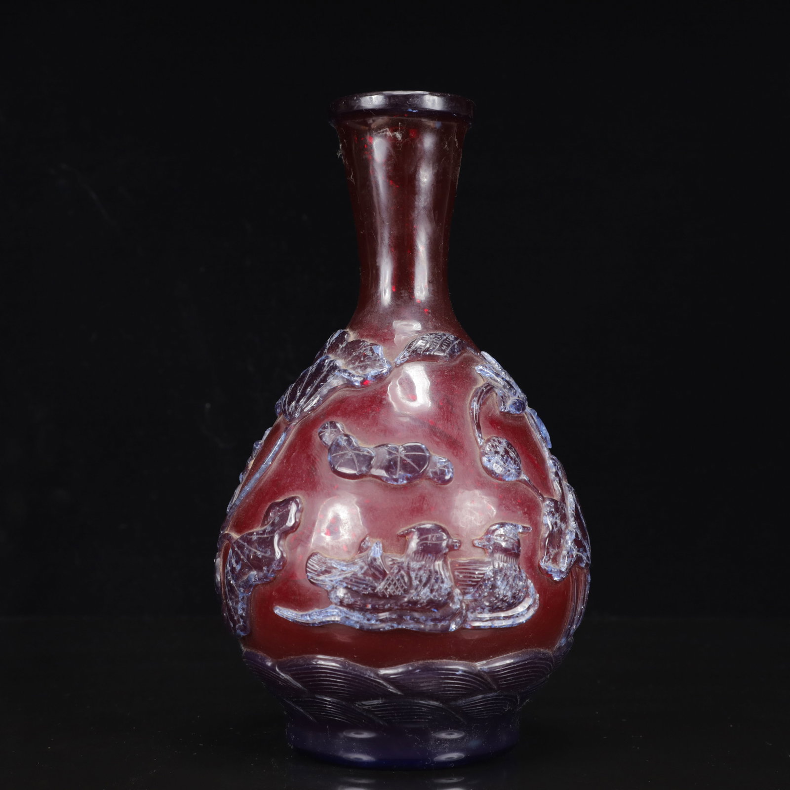 An Exquisite Glass Flower and Bird Pattern Vase: An Exquisite Glass Flower and Bird Pattern Vase,Qing Dynasty, China,Qianlong Four-character Mark,Size:5.9inx10.6in, Weight:1500g 琉璃花卉纹瓶,中国଀