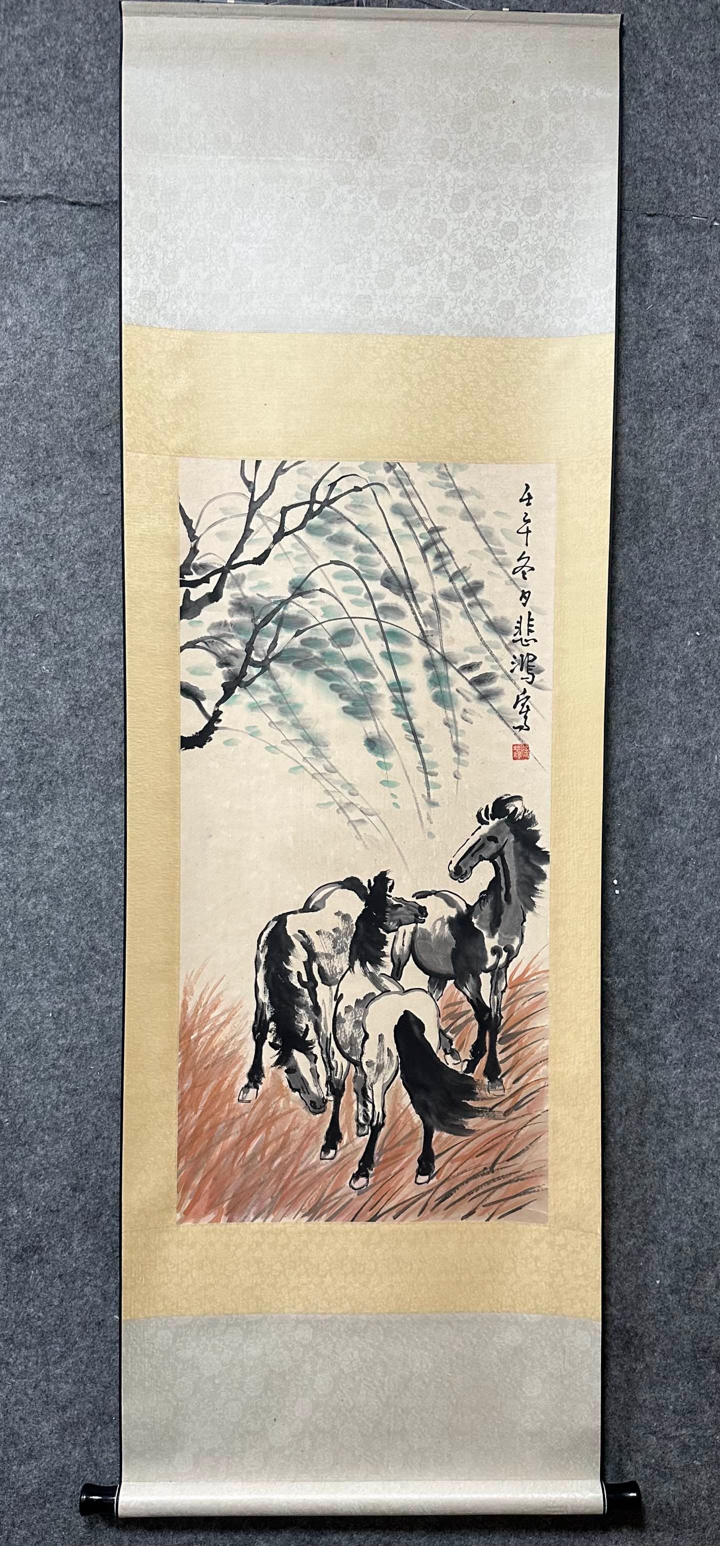 A Chinese Vertical Scroll Ink Painting of Horse on Paper: A Chinese Vertical Scroll Ink Painting of Horse on Paper,Xu Beihong,Size:19.1inx38.8in 一幅中国水墨骏马画立轴,徐悲鸿