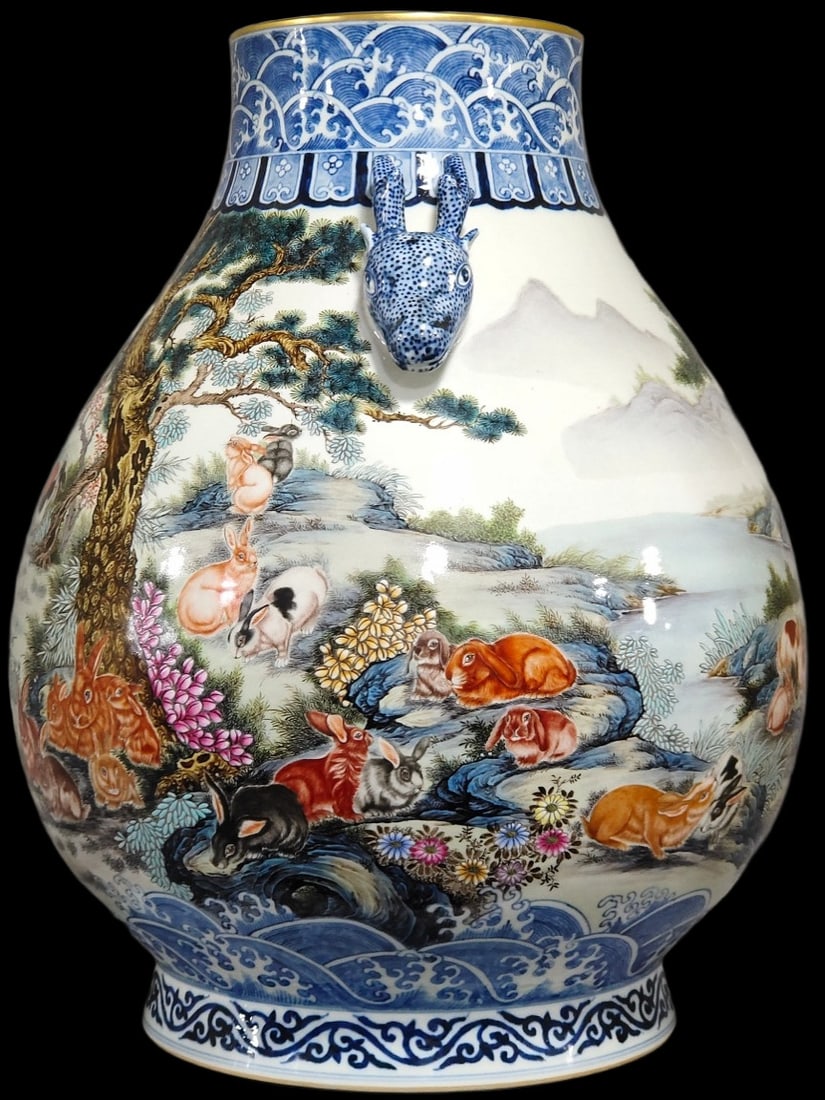 A Huge Blue and White Famille-Rose Rabbit Pattern Deer-Ears Vase (1 of 9)