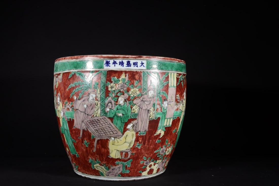 An Exquisite Red-and-Green Glazed Character and Story Pattern Vat: An Exquisite Red-and-Green Glazed Character and Story Pattern Vat,Ming Dynasty,China,Jiajing Six-character Mark,Size:9.4inx11in 红绿彩人物故事纹缸