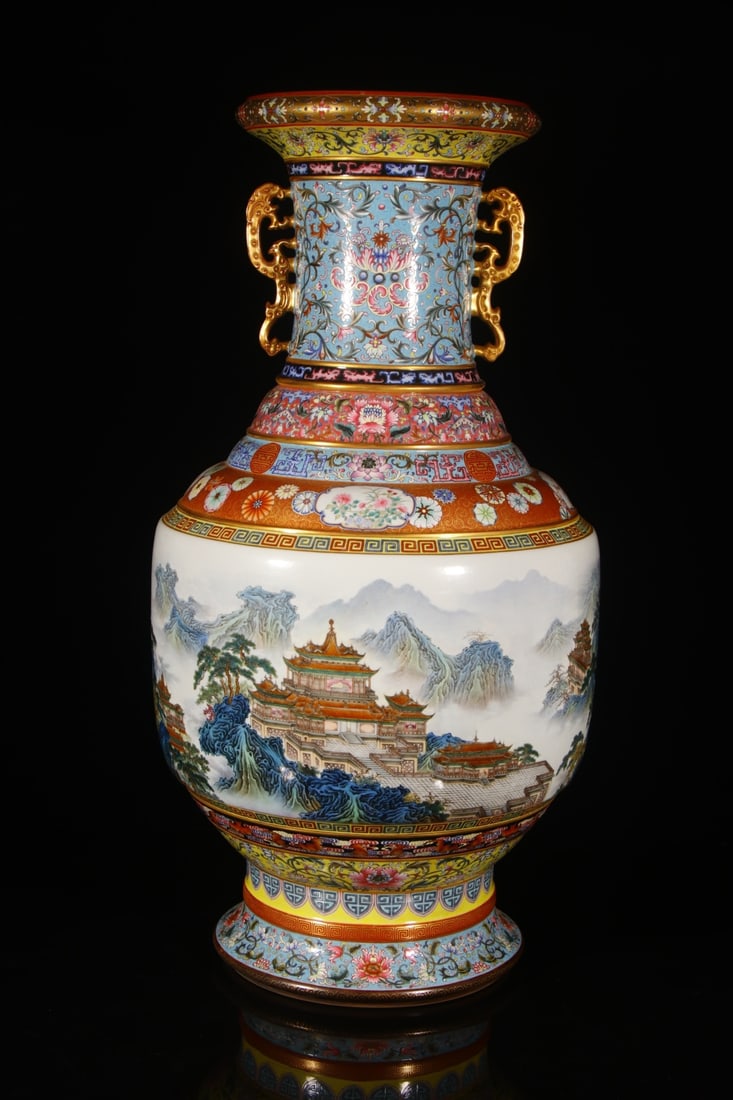 A Huge Enamel Landscape Pattern Double-Ears Vase,with poem: A Huge Enamel Landscape Pattern Double-Ears Vase,with poem,Qing Dynasty,China,Qianlong Four-character Mark,Size:33.5inx11.8in 珐琅彩山水纹双耳瓶,&