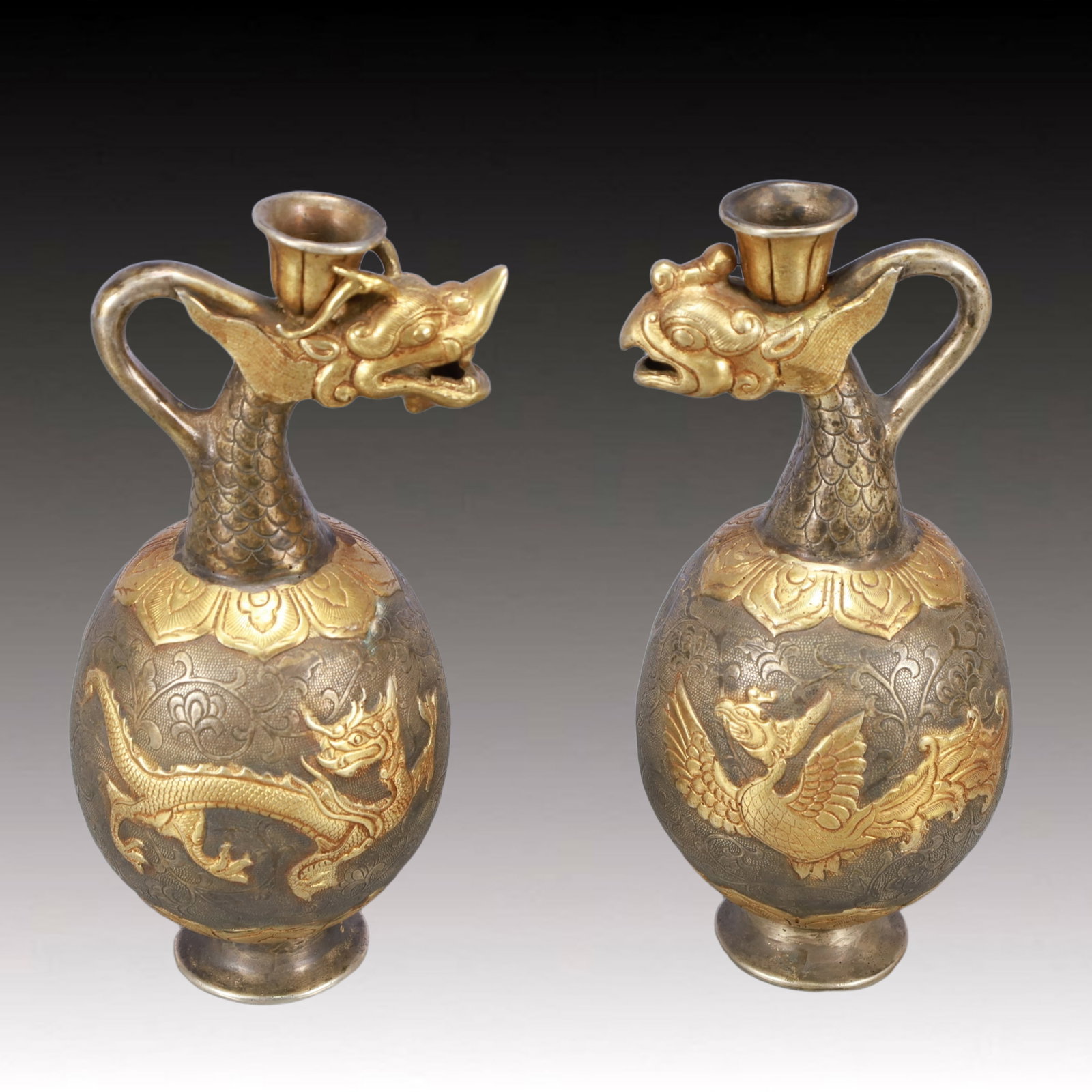 A Pair of Rare Gilt Silver Dragon and Phoenix Pattern Ewers (1 of 17)