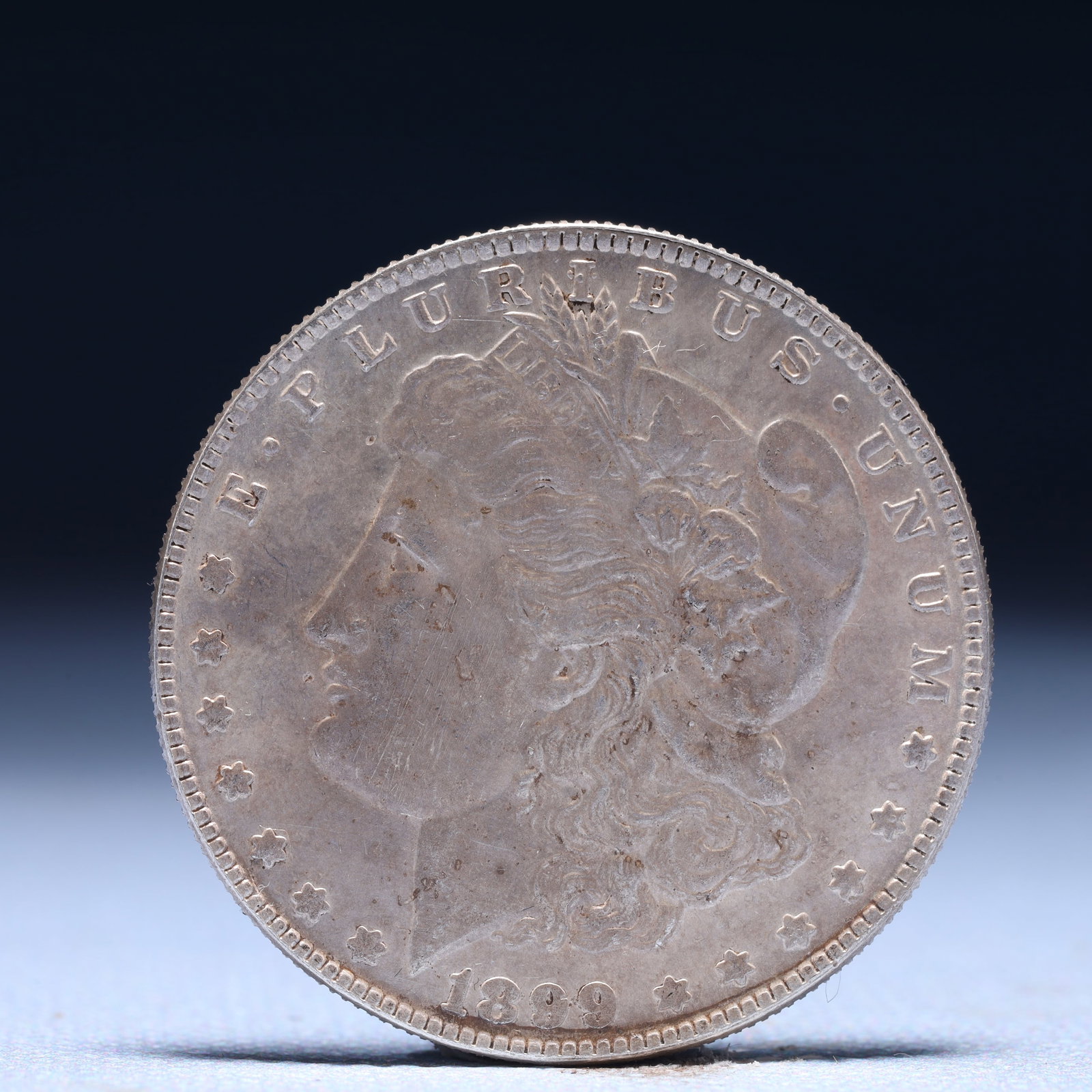 USA Morgan Dollar 1899 Coin: Obv: profile bust with date below and E PLURIBUS UNUM legend and stars around. Rev: eagle with In God we trust above within wreath with UNITED STATES OF AMERICA ONE DOLLAR legend. IN GOD WE TRUST / LI