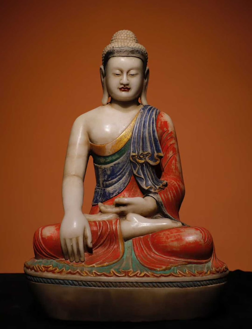 A Solemn Marble Painted Color Statue of Sakyamuni (1 of 9)