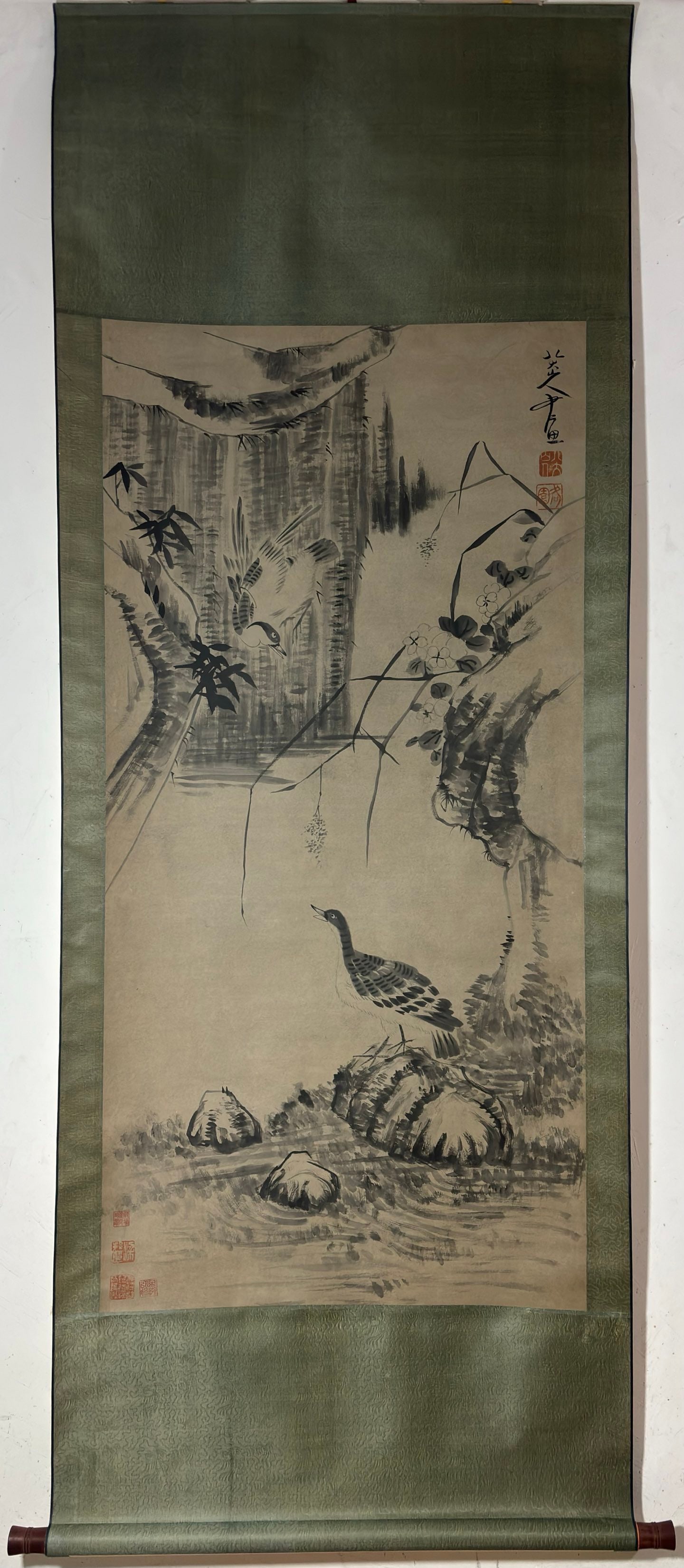 A Chinese Vertical Scroll Ink Painting of Flower and Bird on Paper: A Chinese Vertical Scroll Ink Painting of Flower and Bird on Paper,Bada Shanren,Size:53.3inx26.4in 一幅中国水墨花鸟画立轴,八