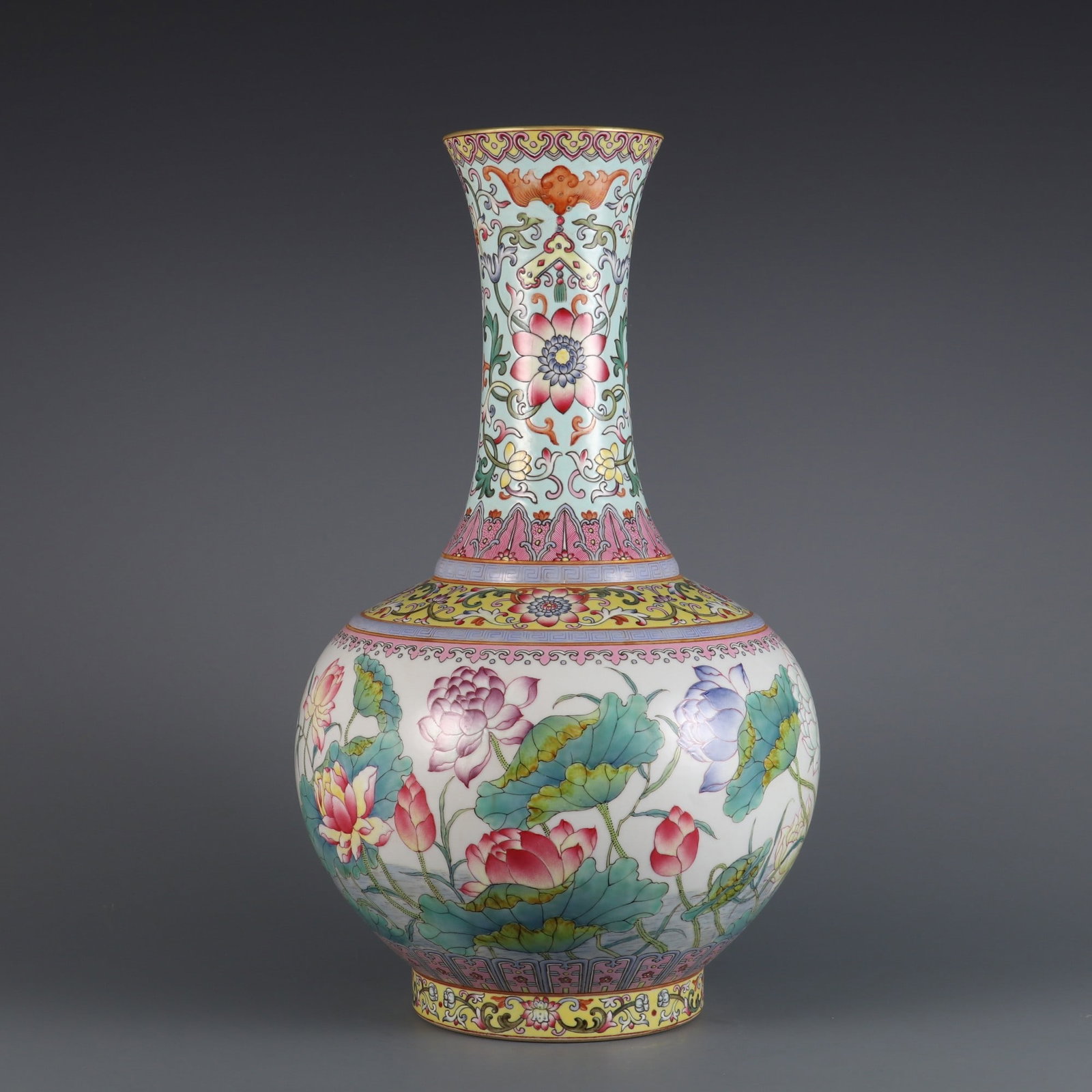 An Exquisite Famille-Rose Lotus Pattern Vase: An Exquisite Famille-Rose Lotus Pattern Vase,Qing Dynasty,China,Yongzheng Six-character Mark,Size:15.7inx8.7in 