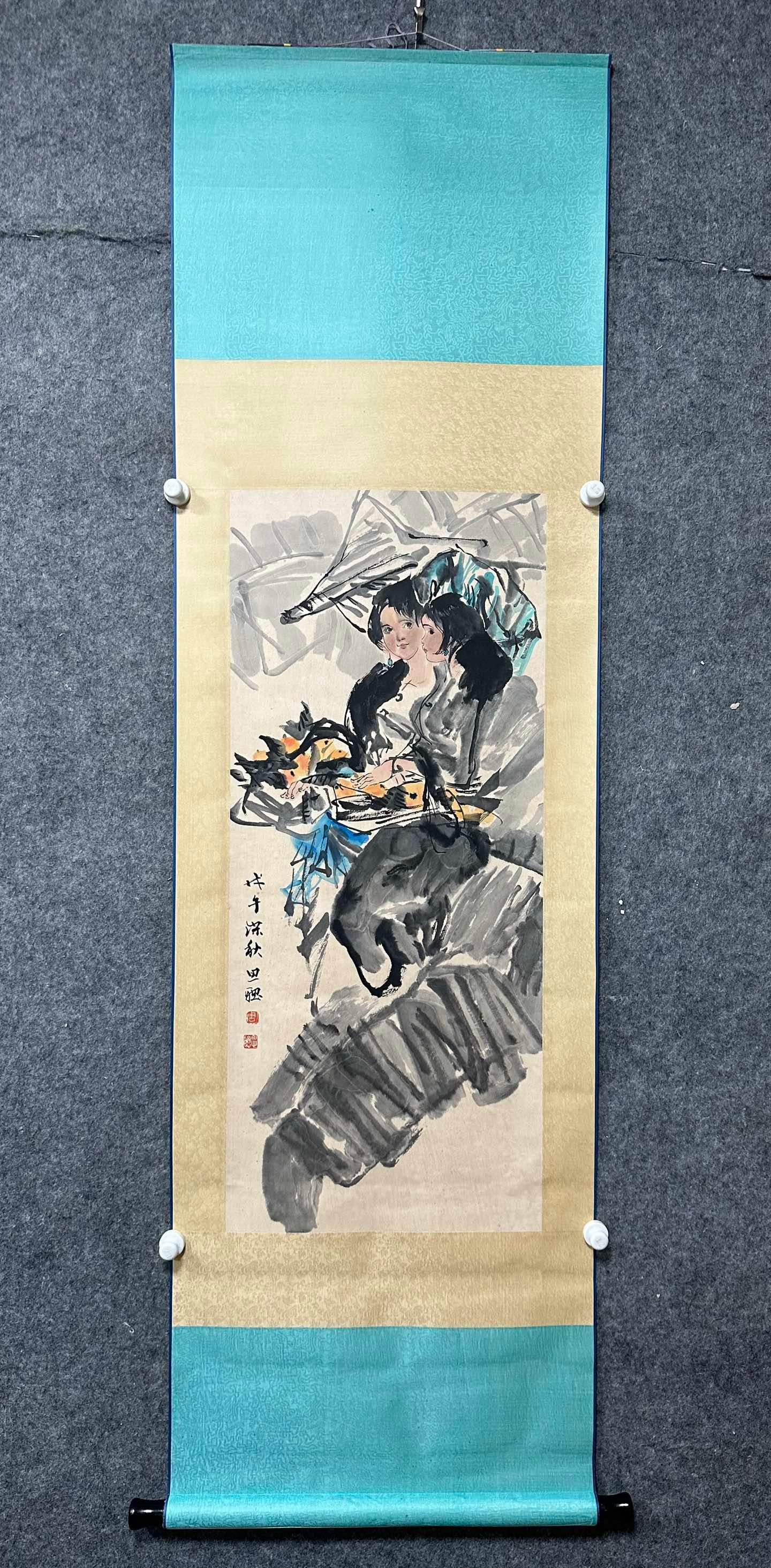 A Chinese Vertical Scroll Ink Painting of Character and Story on Paper: A Chinese Vertical Scroll Ink Painting of Character and Story on Paper,Zhou Sicong,Size:16.7inx39in 一幅中国水墨人物故事画立$