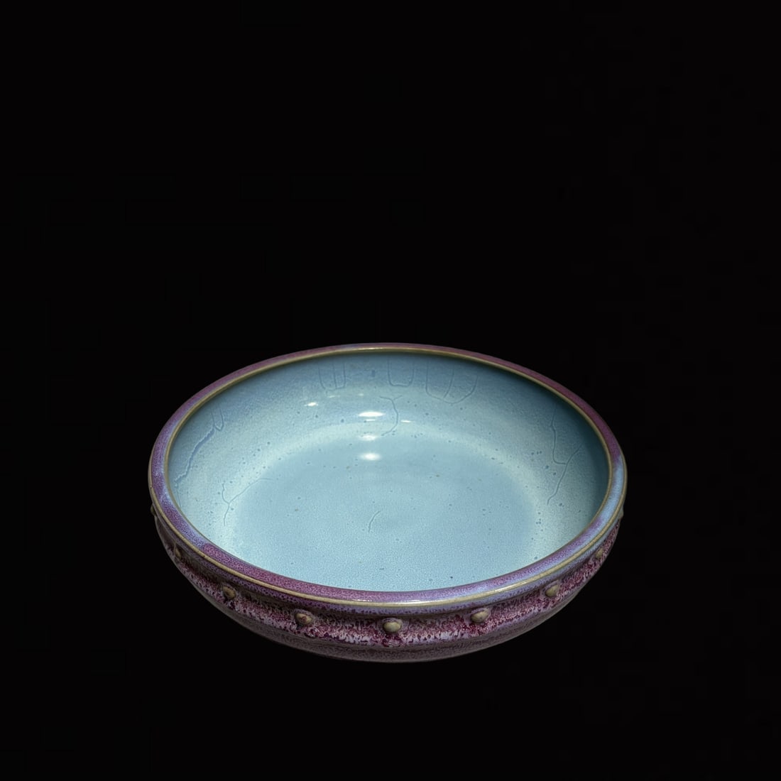 An Exquisite Jun yao Purple Glazed Tripod Brush Washer: An Exquisite Jun yao Purple Glazed Tripod Brush Washer,Song Dynasty,China,Size:3.7inx9.6in 钧窑紫釉三足笔洗,中国宋代