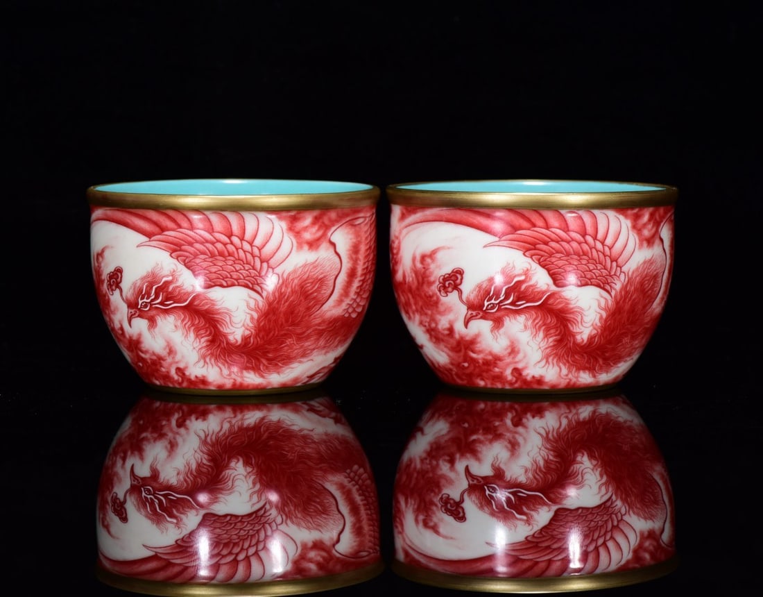 A Pair of Exquisite Iron-Red Painted Gold Phoenix Pattern Cups (1 of 9)