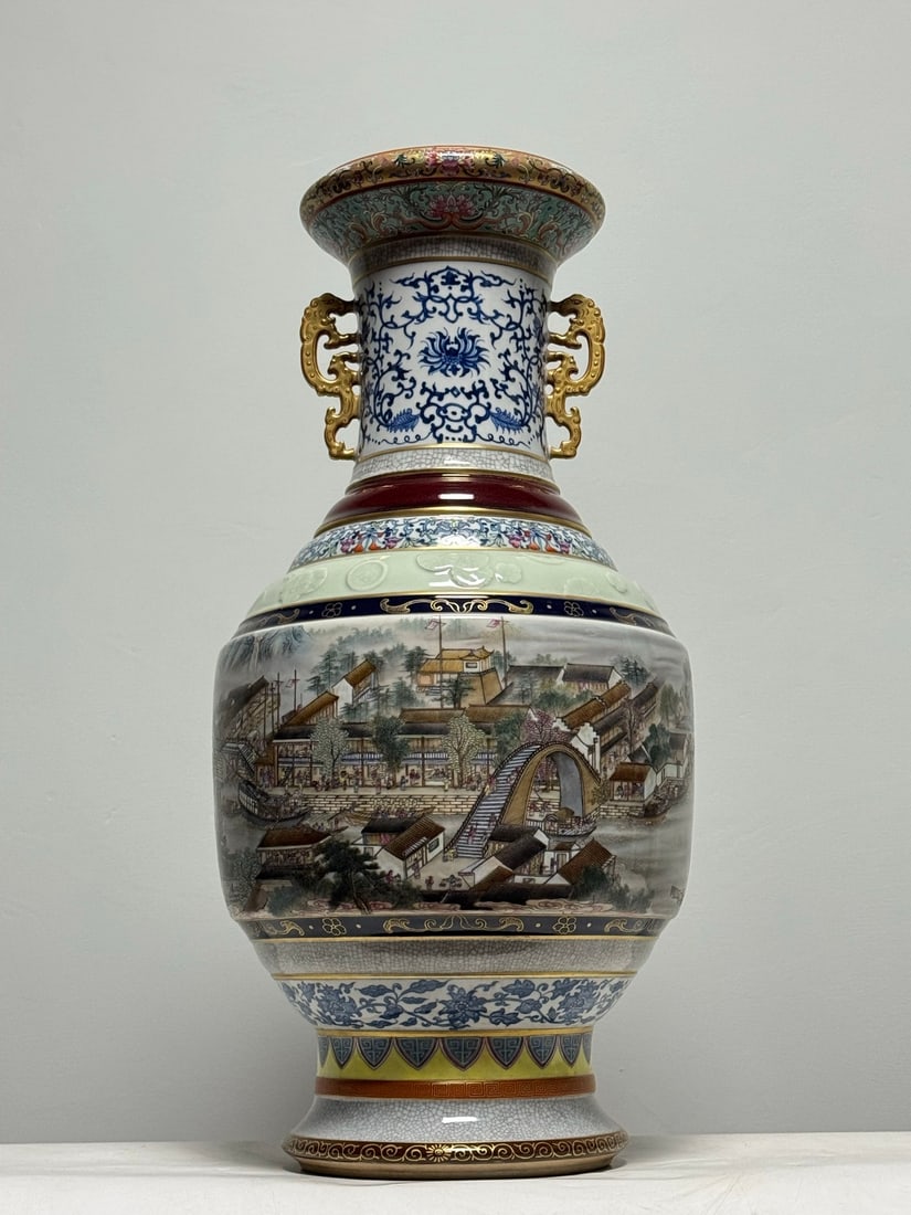 A Huge Enamel Character and Story Pattern Double-Ears Vase: A Huge Enamel Character and Story Pattern Double-Ears Vase,Qing Dynasty,China,Qianlong Six-character Mark,Size:23.8inx12.2in 珐琅彩人物故事纹双