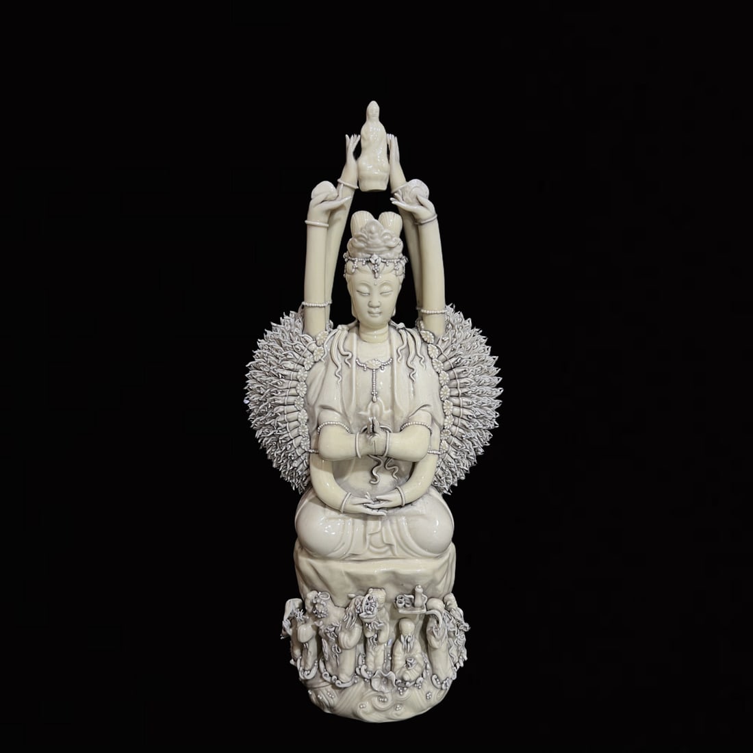 A Solemn Blance-De-Chine Statue of Thousand-hand Guanyin: A Solemn Blance-De-Chine Statue of Thousand-hand Guanyin,Ming Dynasty,China,He Chaozong Mark,Size:26.2in 德化瓷千手观音像,中国明ߣ
