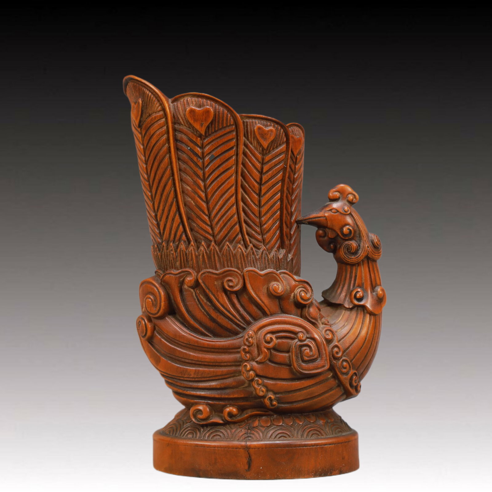 An Exquisite Boxwood Phoenix-Shaped Goblet: An Exquisite Boxwood Phoenix-Shaped Goblet,Qing Dynasty,China,Size:3.1inx2inx5.1in,Weight:200g 黄杨木凤形爵杯,中国清代