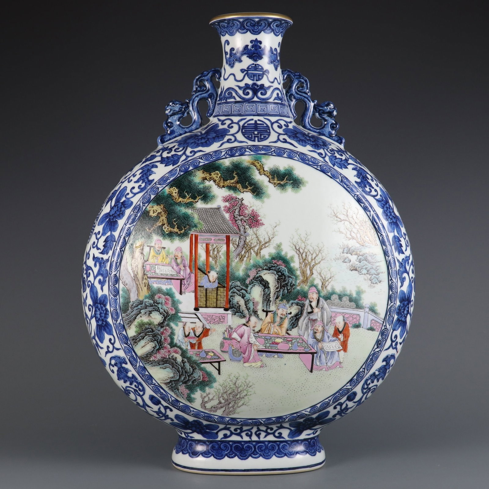 An Exquisite Blue and White Famille-Rose Character and Story Pattern Double-Ears Vase: An Exquisite Blue and White Famille-Rose Character and Story Pattern Double-Ears Vase,Qing Dynasty,China,Qianlong Six-character Mark,Size:22.8inx16.5in 青花粉彩人物