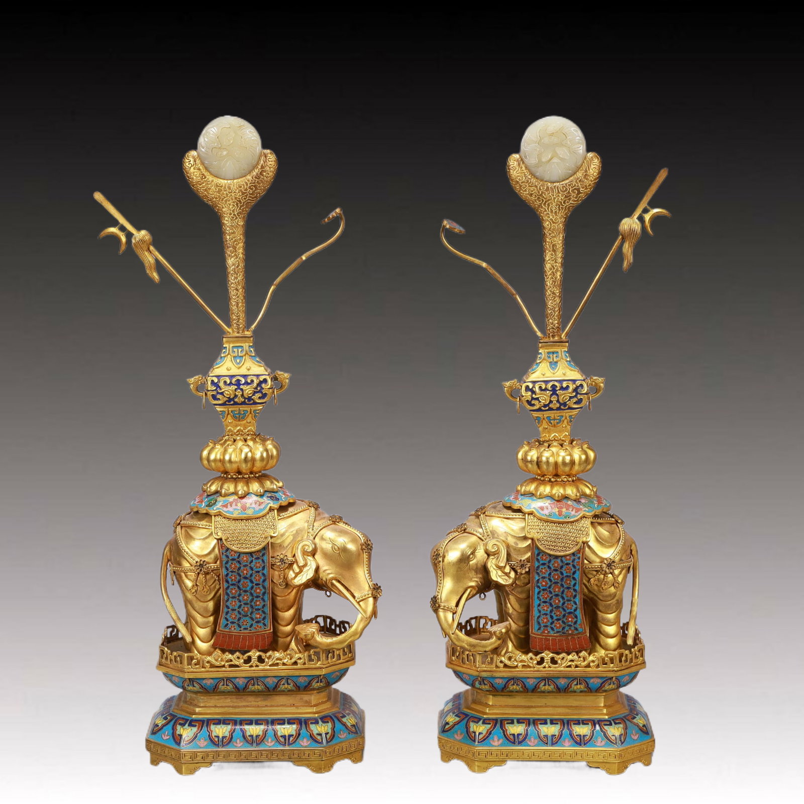 A Pair of Huge Cloisonne Elephant Ornaments,Inlaid White Jade (1 of 16)