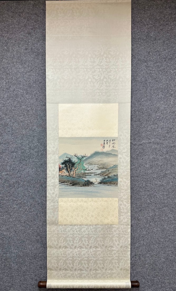 A Chinese Vertical Scroll Ink Painting of Landscape and Figure on Paper: A Chinese Vertical Scroll Ink Painting of Landscape and Figure on Paper,Zhang Daqian,Size:13.4inx13in 一幅中国水墨山水人物画立&#