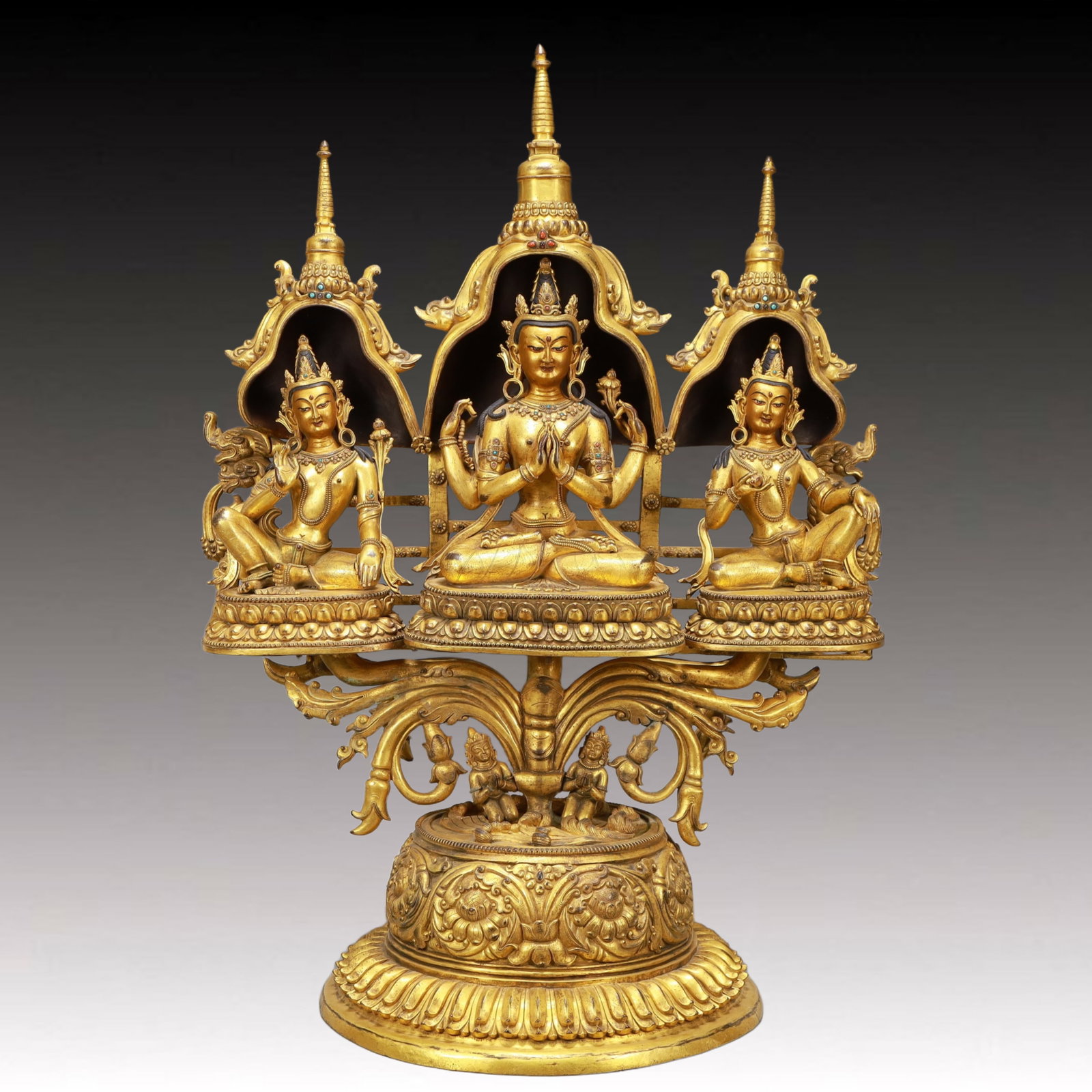 A Set of Solemn Gilt Bronze Statue of Avalokitesvara,Inlaid Turquoise: A Set of Solemn Gilt Bronze Statue of Avalokitesvara,Inlaid Turquoise,Ming Dynasty, China,Size:22inx12.6inx31.5in,Weight:37050g 一组铜鎏金观音像,嵌