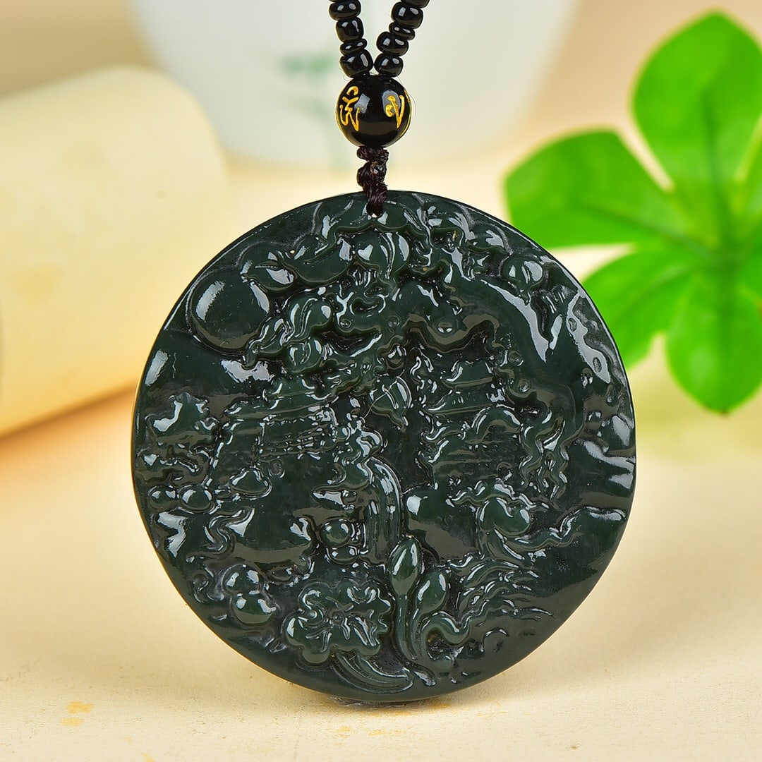 An Exquisite Jasper Landscape Pattern Pendant: An Exquisite Jasper Landscape Pattern Pendant,Size:2inx2in 碧玉山水纹挂件