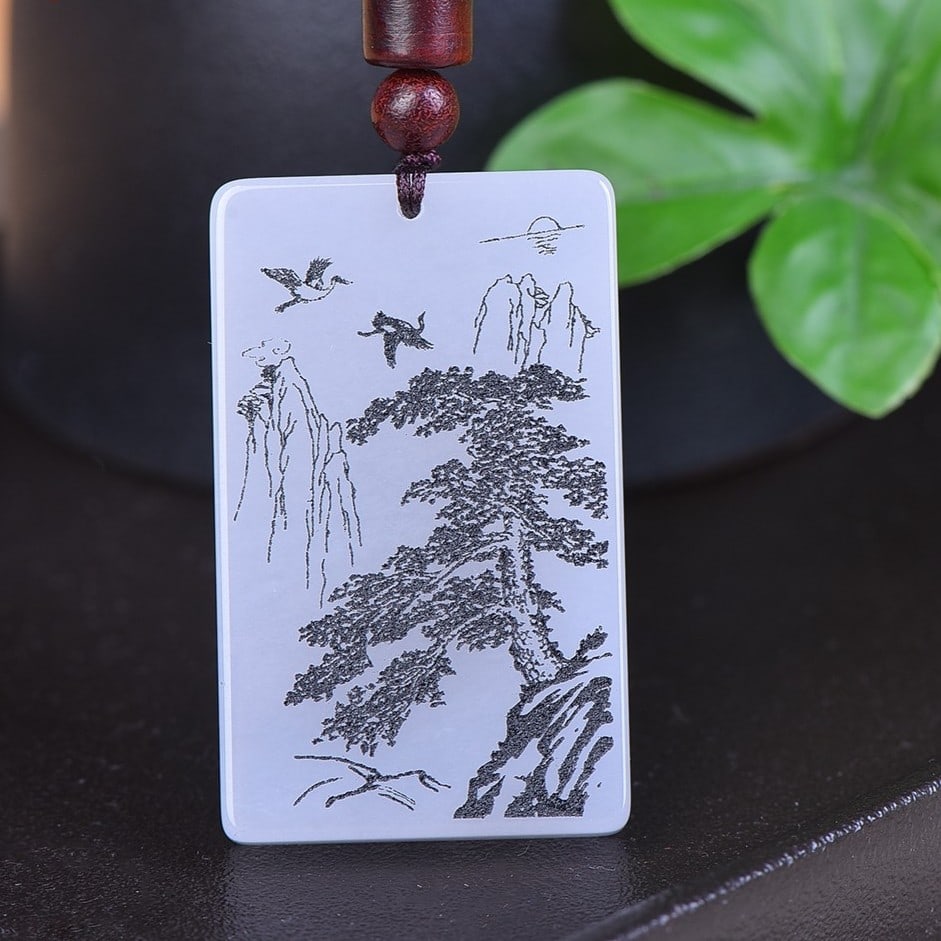 An Exquisite White Jade Landscape Pattern Pendant: An Exquisite White Jade Landscape Pattern Pendant,Size:1.2inx2in 白玉山水纹挂件
