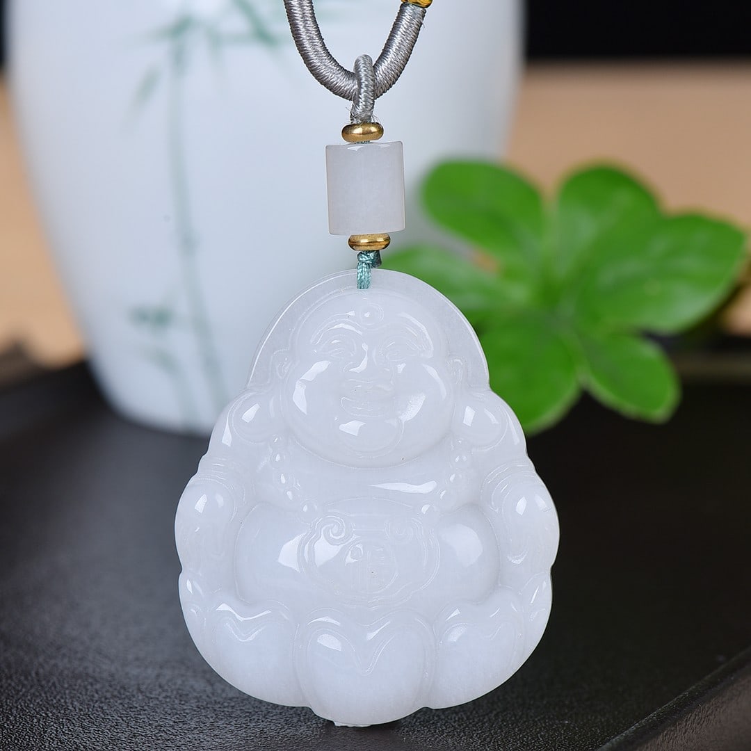 An Exquisite Jadeite Statue of Maitreya Buddha Pendant: An Exquisite Jadeite Statue of Maitreya Buddha Pendant,Size:1.7inx2.1in 翡翠弥勒佛挂件