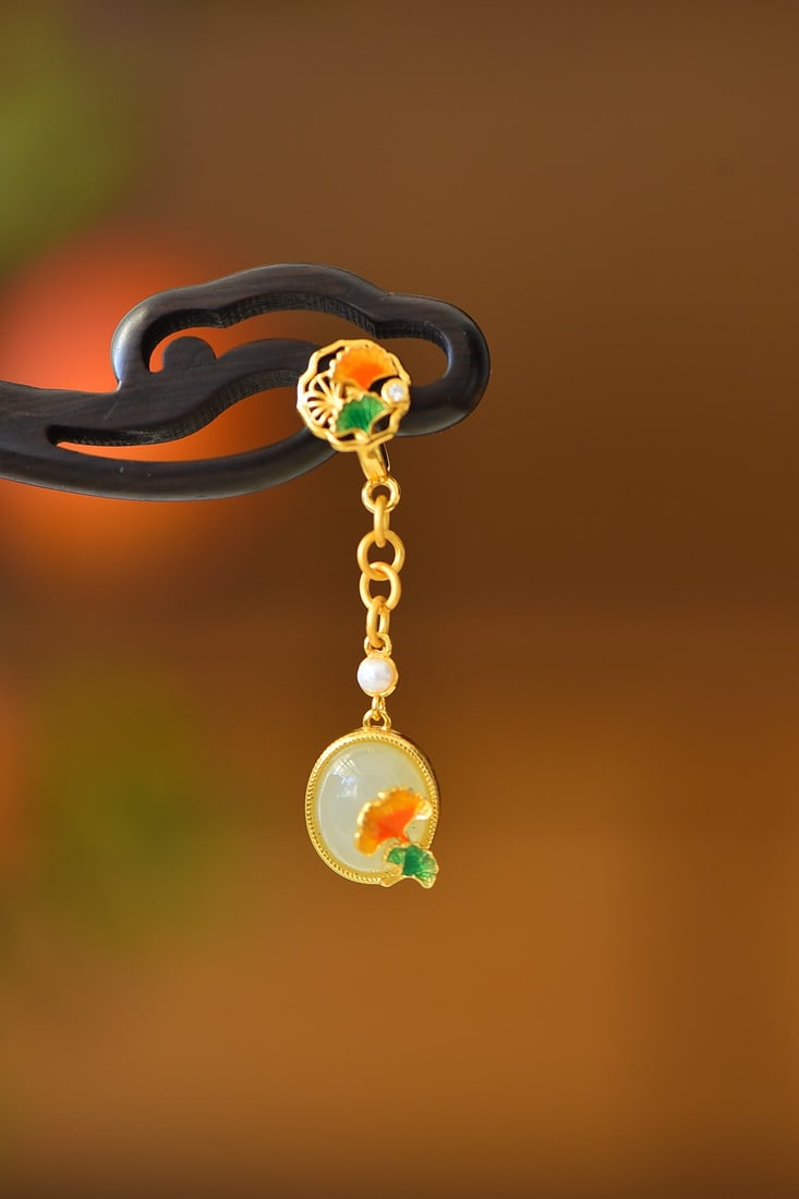 An Exquisite Sterling Silver-Gold Plated Inlaid White Jade Enamel Ebony Hairpin: An Exquisite Sterling Silver-Gold Plated Inlaid White Jade Enamel Ebony Hairpin 纯银镀金镶白玉珐琅黑檀木发簪