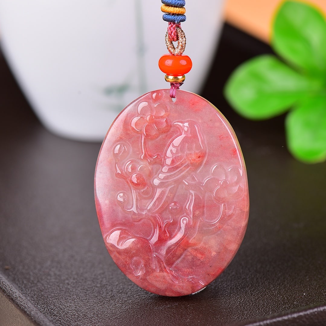 An Exquisite Red Jade Flower and Bird Pattern Pendant: An Exquisite Red Jade Flower and Bird Pattern Pendant,Size:1.5inx2in 红玉花鸟纹挂件
